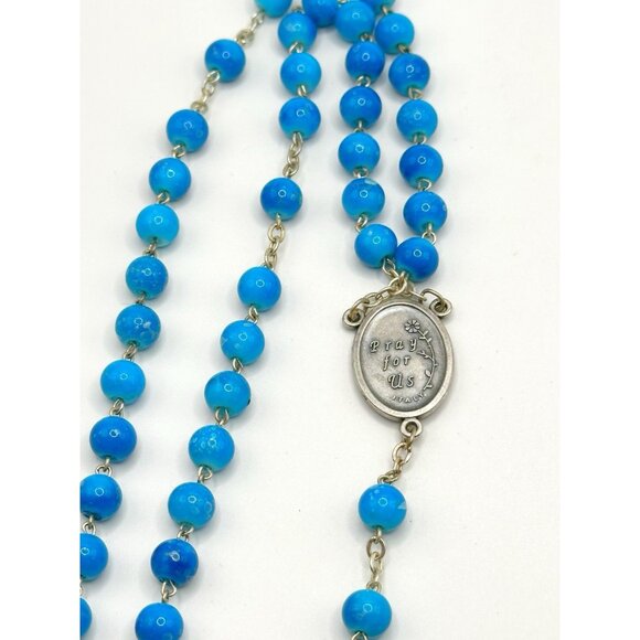 Turquoise Blue & Silvertone Italy Pray For Us Rosary 18” - Picture 6 of 7